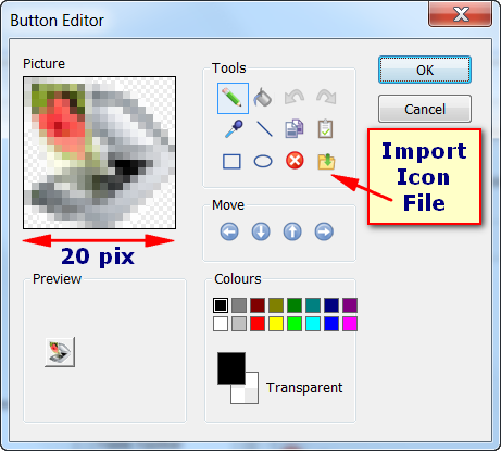 The Button Editor for Customising the Toolbar Icons can Import PNG files