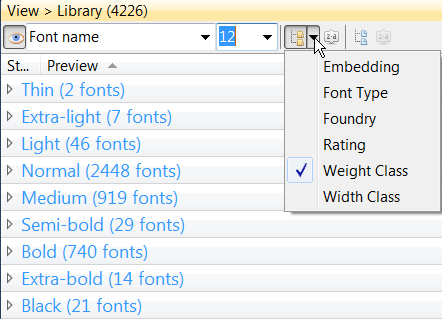 Fonts can be grouped by weight to see the numbers of each at a glance